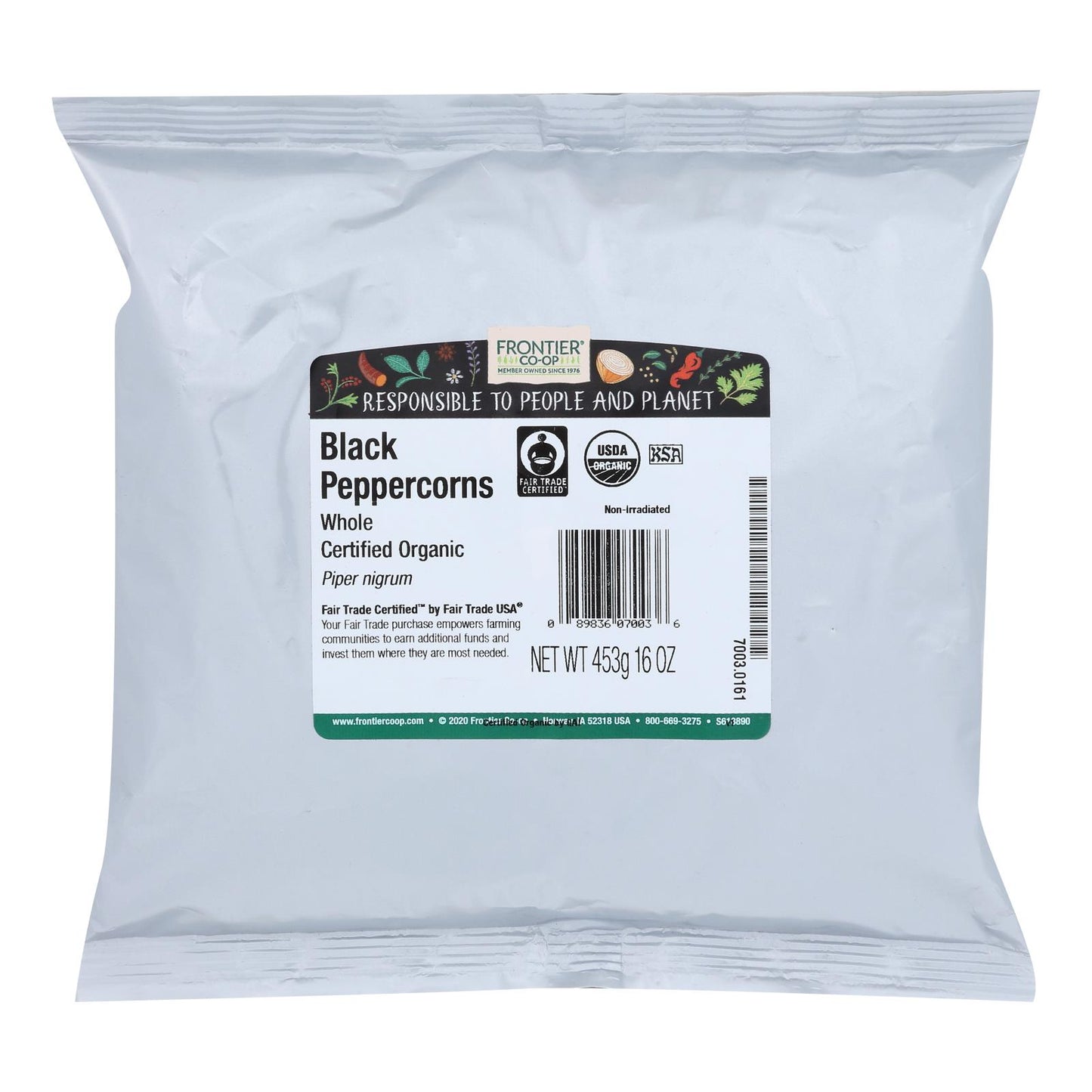 Granos de pimienta negra enteros con certificación de comercio justo orgánico Frontier Herb - Artículo a granel individual - 1 lb