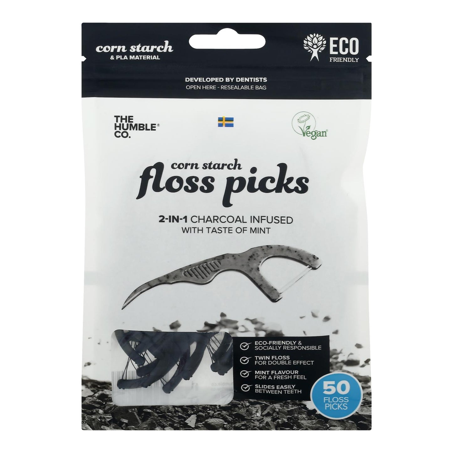 Humble Co - Floss Picks Charcoal Mint - Caja de 4, 50 unidades