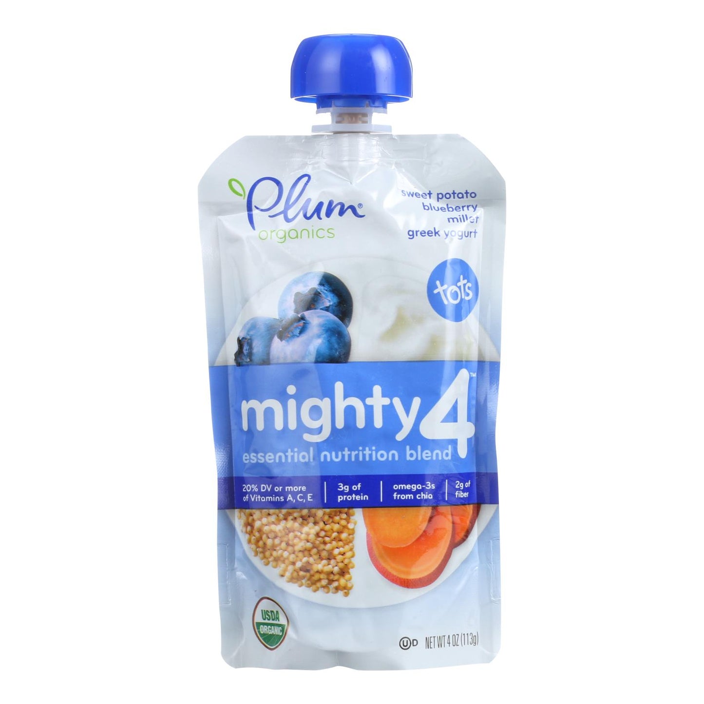 Snacks Plum Organics Plum Mighty 4 Tots con arándanos, batata y mijo (caja de 6 unidades, 4 oz)