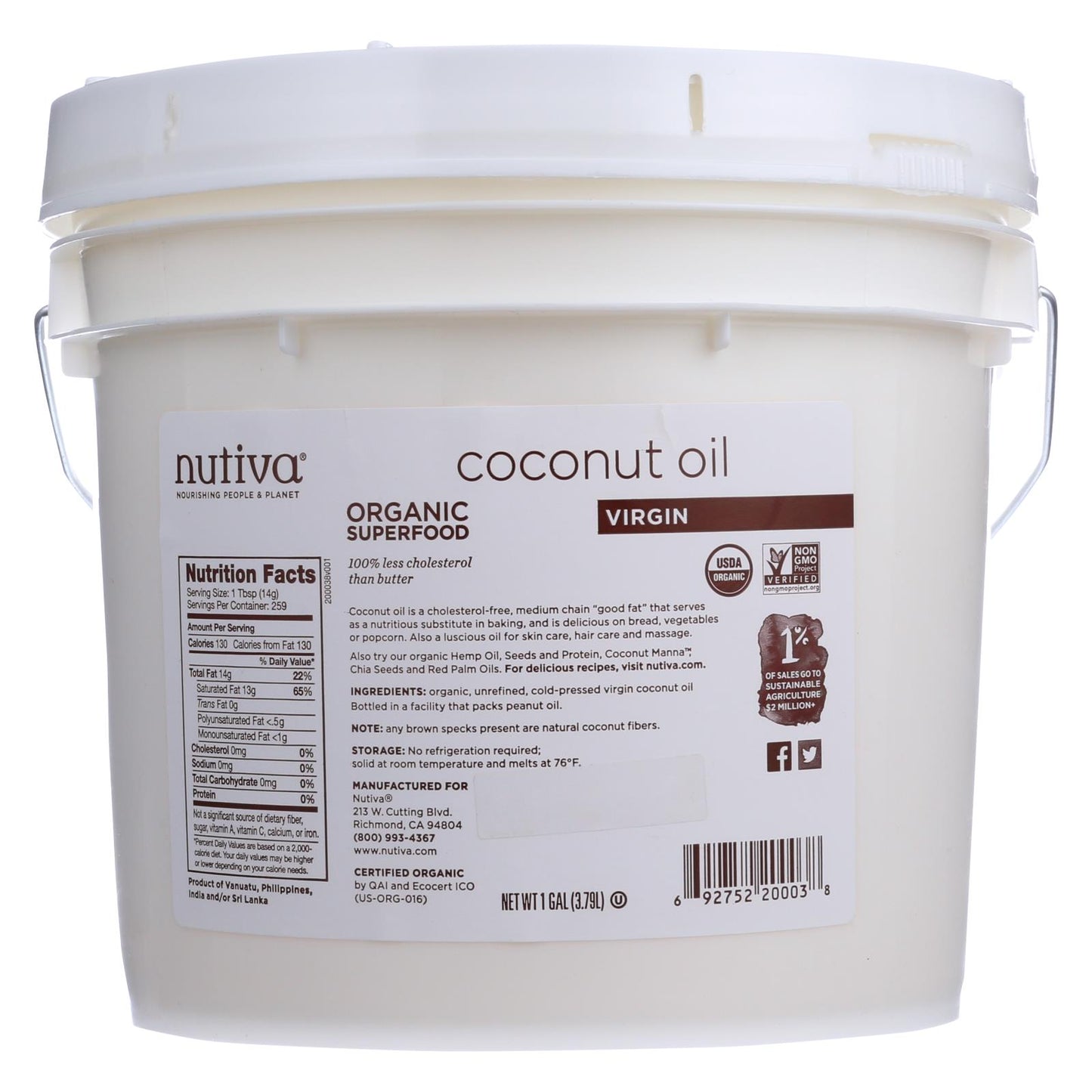 Aceite de coco orgánico Nutiva - Virgen extra - 1 galón