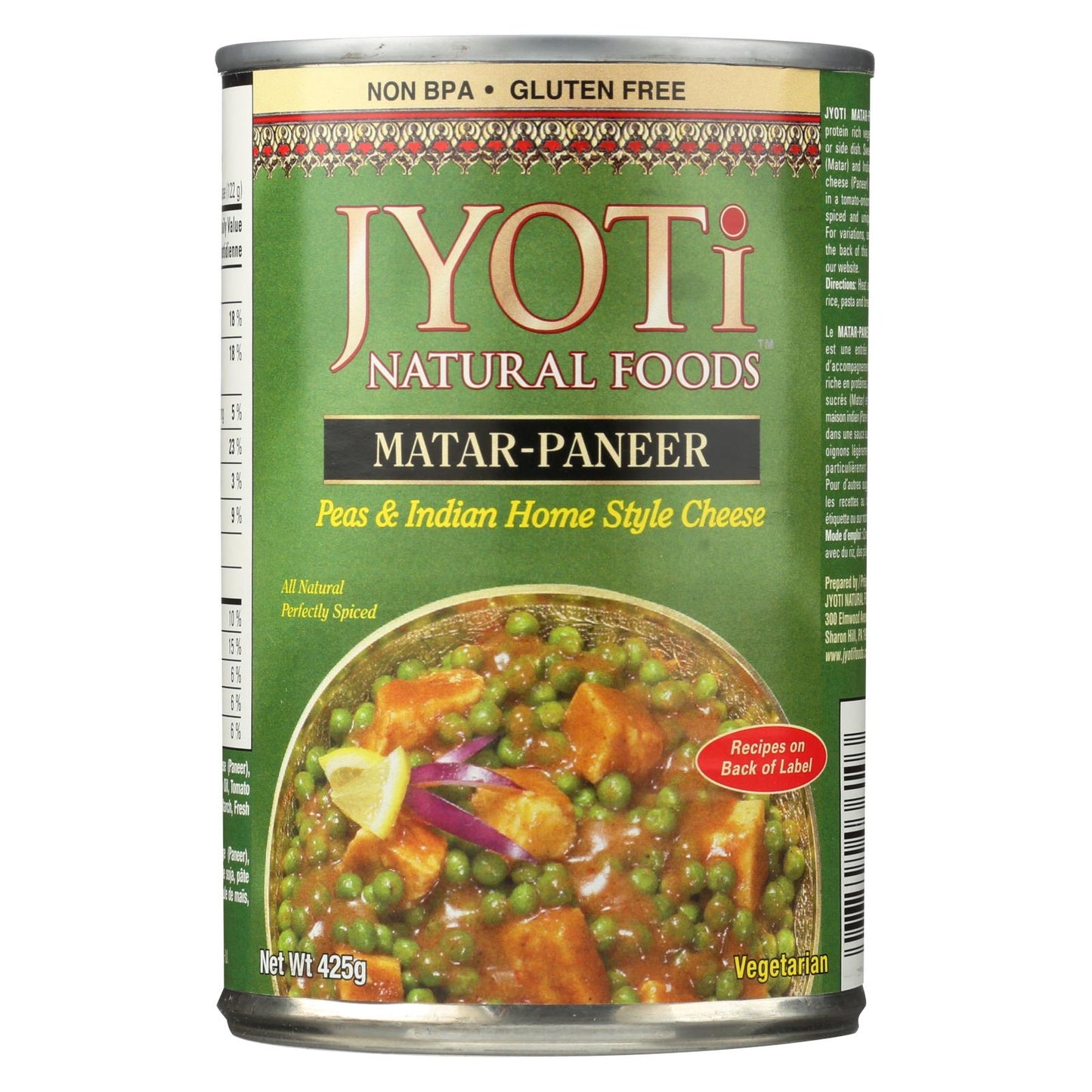 Jyoti Cuisine India Matar Paneer - Caja de 12 - 15 oz.