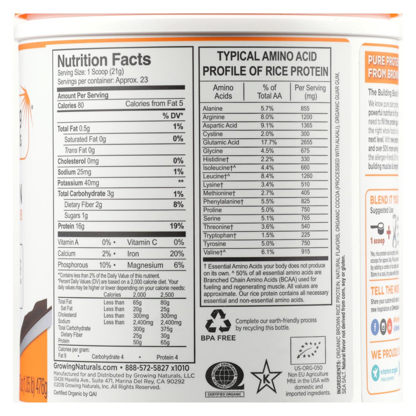 Proteína de arroz orgánico en polvo de Growing Naturals, sabor chocolate, 1 unidad, 16,79 oz