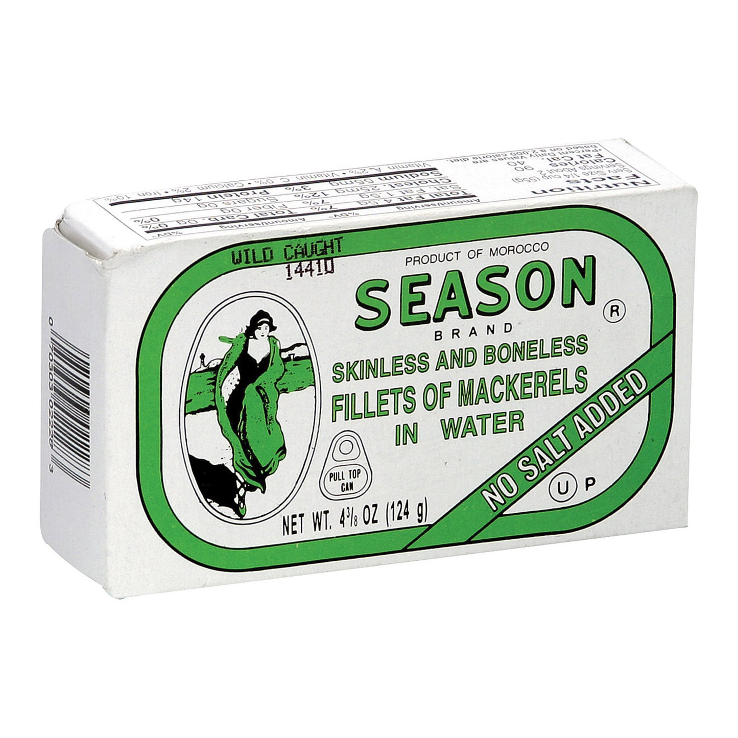 Filetes de caballa sin piel ni espinas de marca Season en agua, sin sal añadida, caja de 12, 4,375 oz.