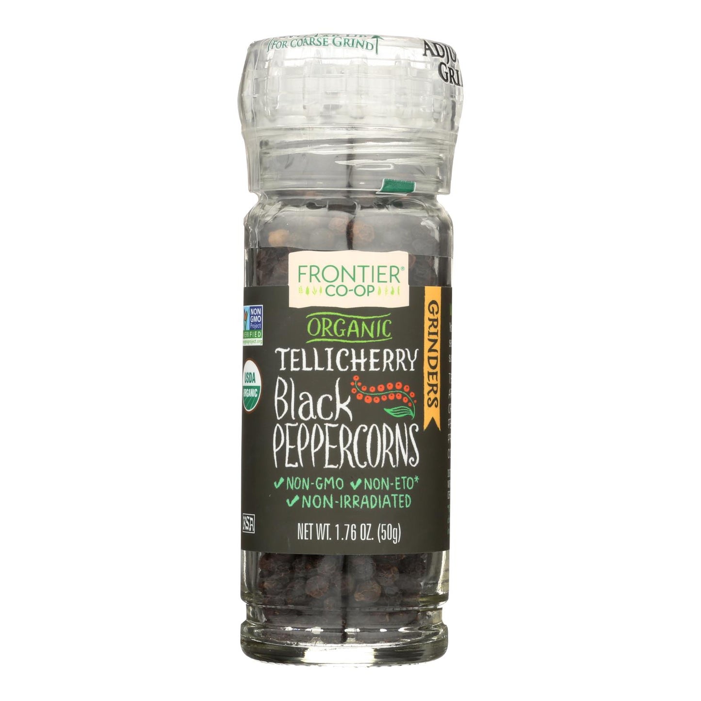 Granos de pimienta de Frontier Herb, orgánicos, enteros, negros, de calidad Tellicherry, en frasco para molinillo, 1,76 oz, caja de 6