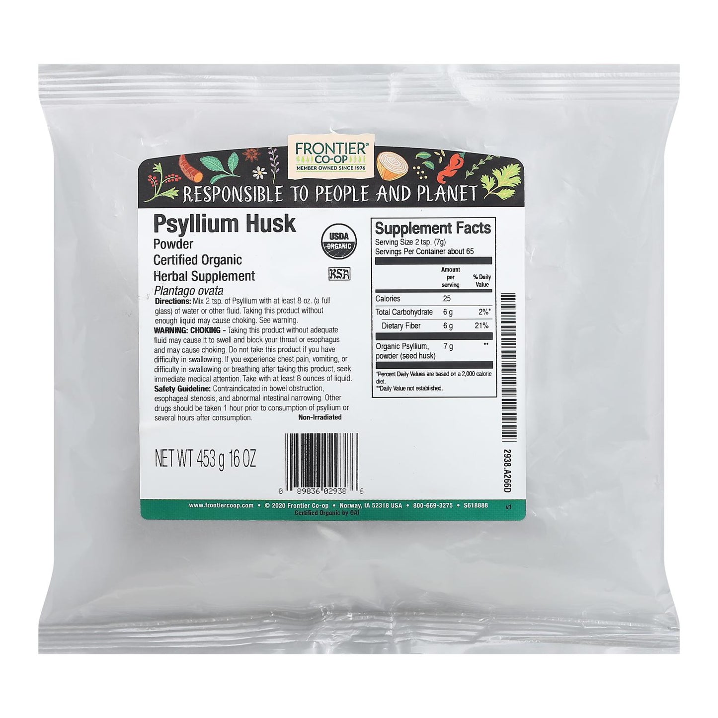Polvo de cáscara de semilla de psyllium orgánico de Frontier Herb - Artículo a granel individual - 1 lb