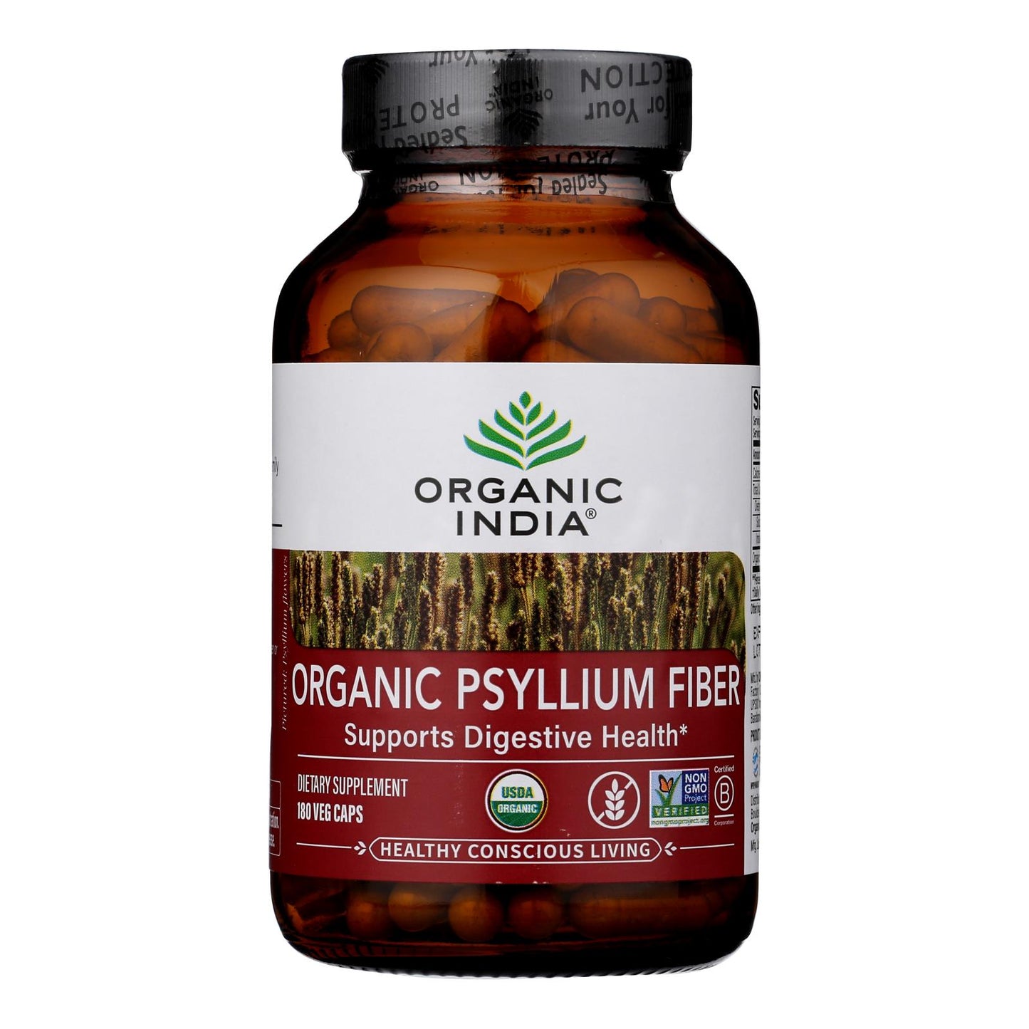 Organic India - Fibra orgánica de psyllium - 1 unidad - 180 cápsulas vegetales