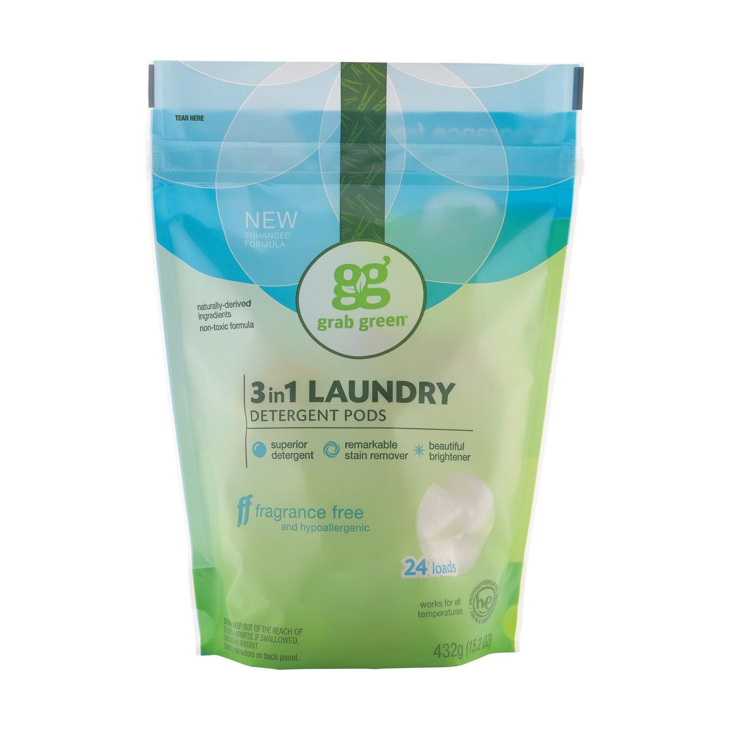 Detergente para ropa Grab Green, sin fragancia, caja de 6, 24 unidades