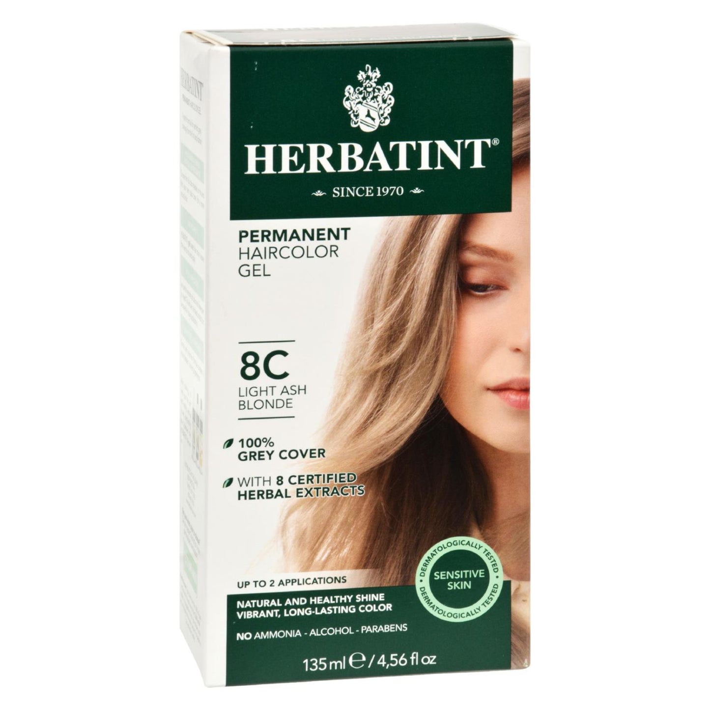 Tinte permanente para el cabello en gel a base de hierbas Herbatint, rubio ceniza claro 8c, 135 ml