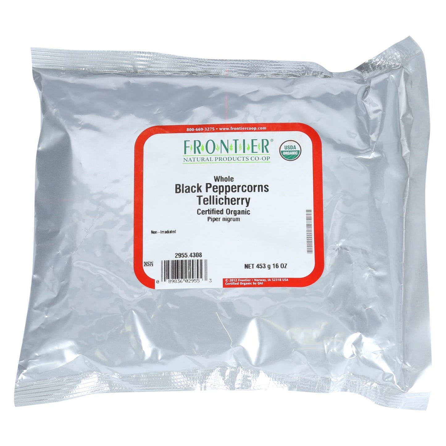Granos de pimienta de Frontier Herb - Orgánicos - Enteros - Negros - Grado Tellicherry - A granel - 1 lb