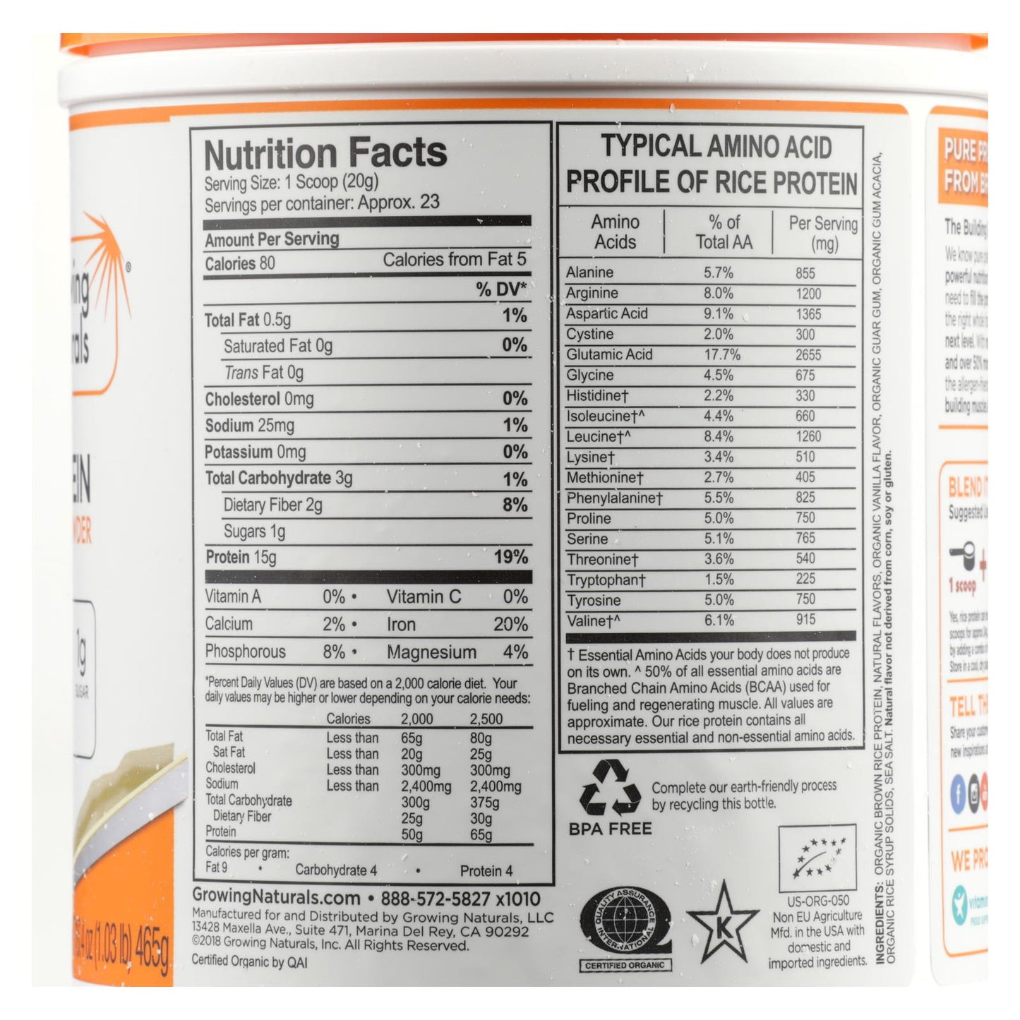 Proteína de arroz crudo orgánico de Growing Naturals - Explosión de vainilla - 16,4 oz