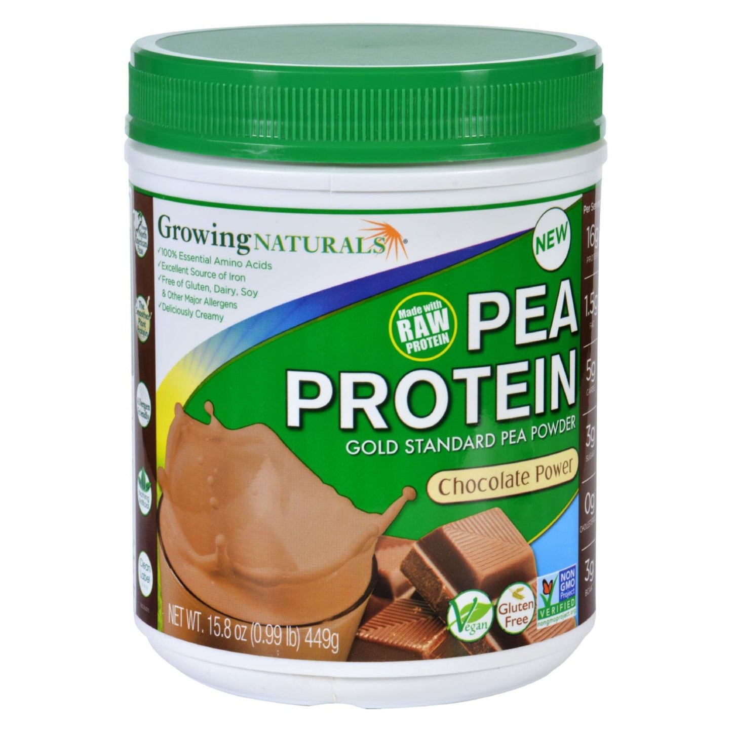 Proteína de guisante en polvo de Growing Naturals - Chocolate en polvo - 15,8 oz