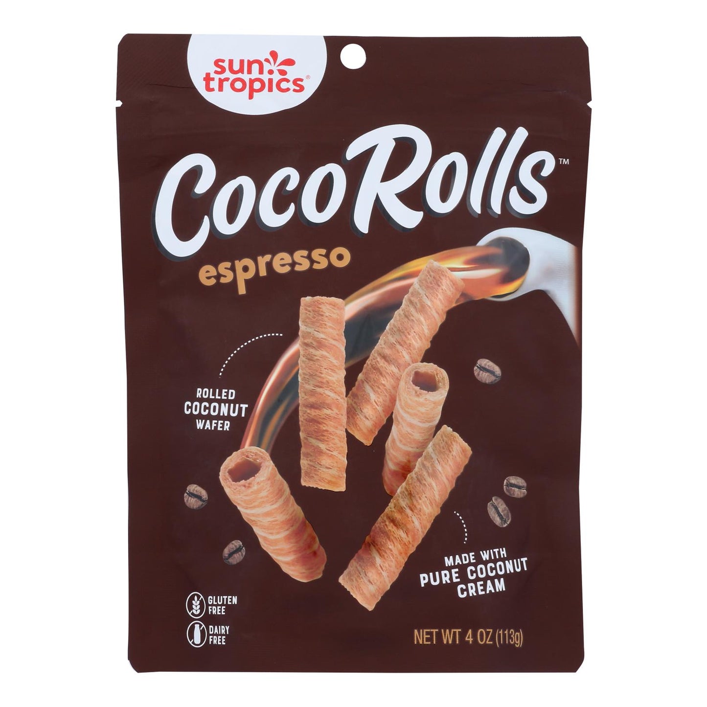 Sun Tropics Coco Rolls Espresso, barquillo de coco enrollado - Caja de 12 - 4 oz