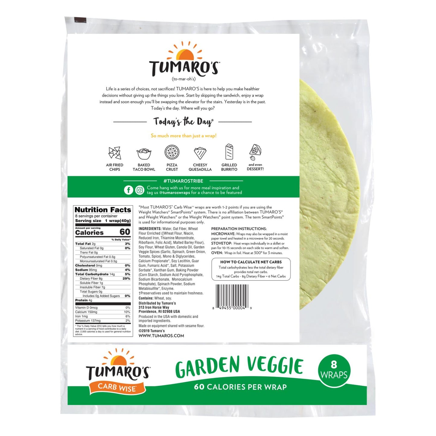 Tumaro's 8-inch Garden Veggie Carb Wise Wraps - Case Of 6 - 8 Ct