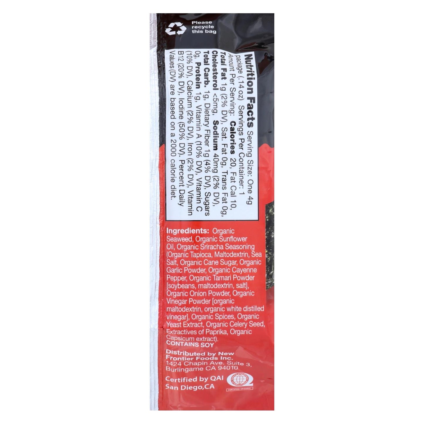 Snack de algas y salsa Sriracha Ocean's Halo - Caja de 12 - 0,14 oz