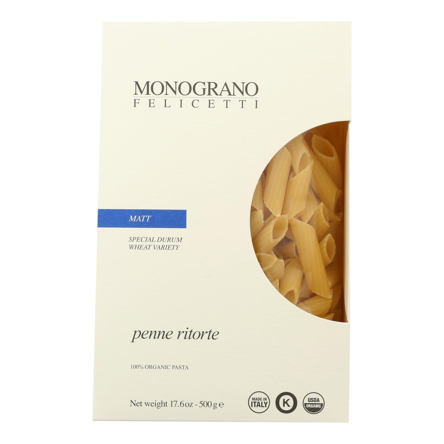 Monograno - Penne Ritorte Orgánico Mate - Caja De 8 - 17.64 Oz