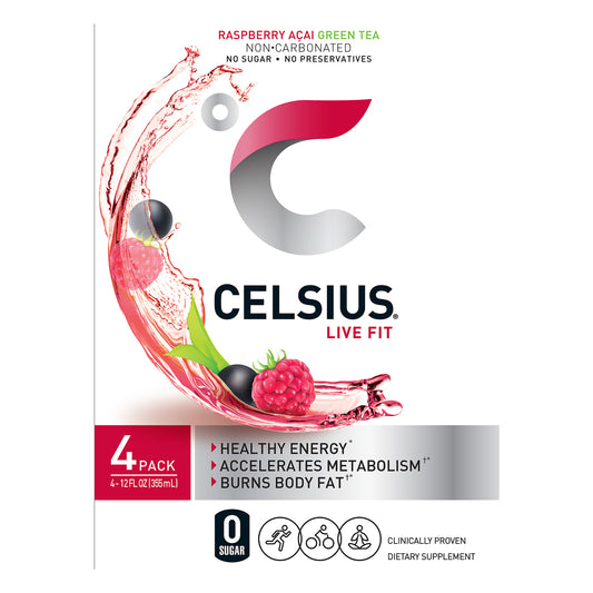 Celsius - Beber té verde de frambuesa y acai - Caja de 6 - 4/12 Fz