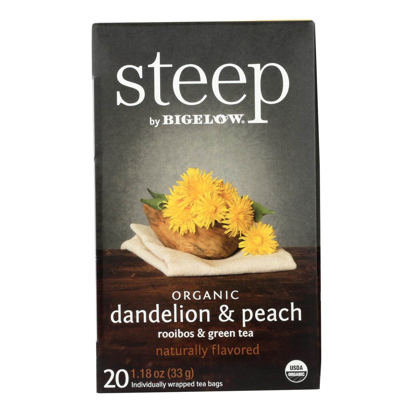 Steep By Bigelow - Té orgánico de diente de león y melocotón, rooibos y verde - Caja de 6 - 20 bolsitas