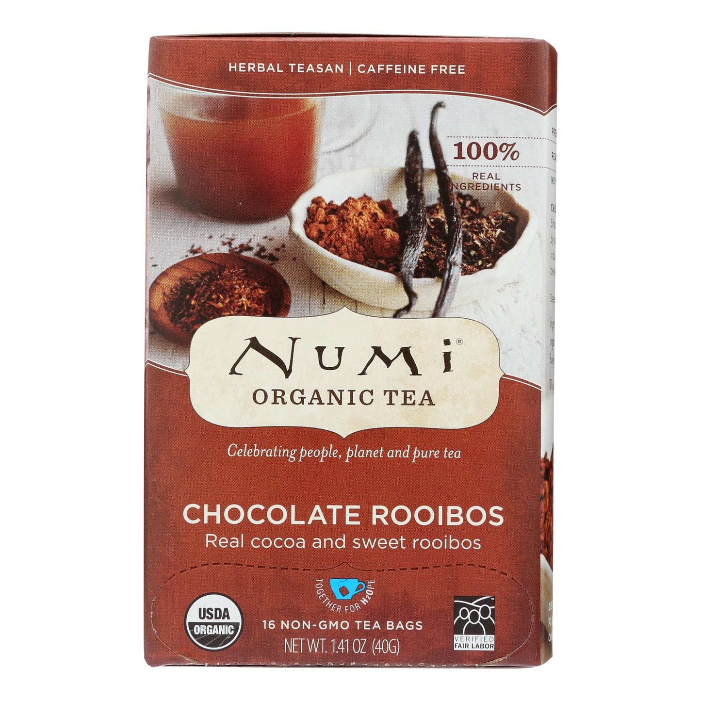 Té de hierbas orgánico Numi, rooibos con sabor a chocolate, caja de 6, 16 bolsas