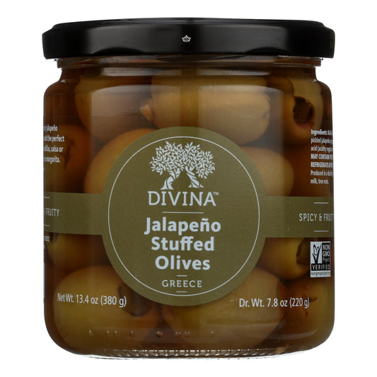 Divina - Green Olives Stuffed With Jalapeno Peppers - Case Of 6 - 7.8 Oz.