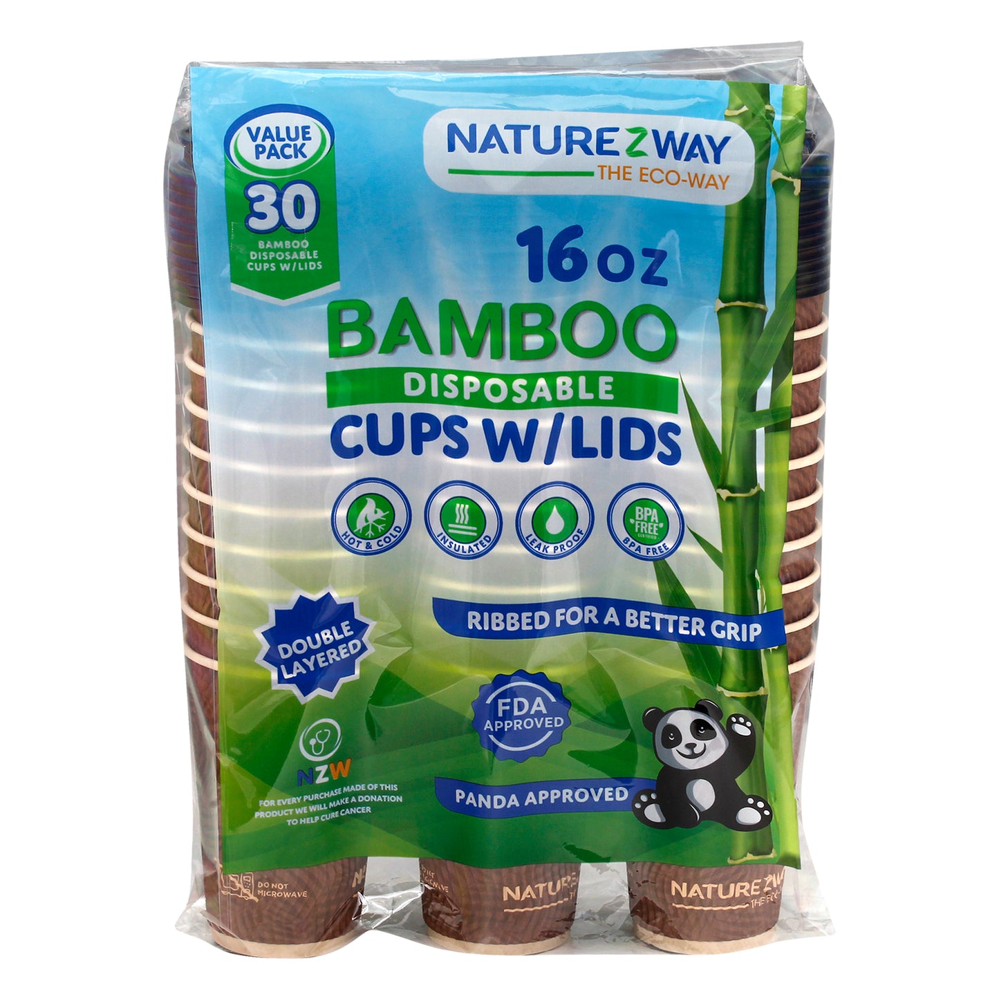Naturezway - Vasos con tapa de bambú, 30 unidades, caja de 8, 30 unidades