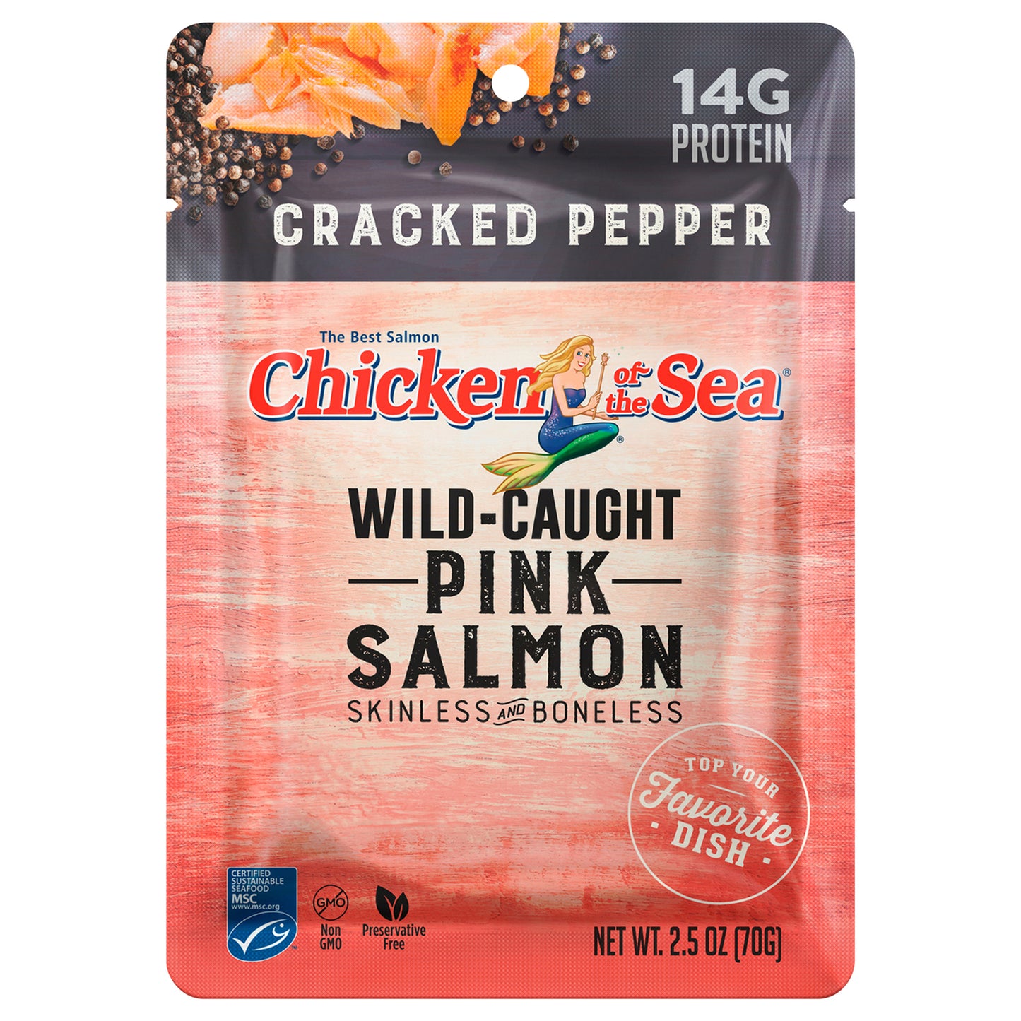 Pollo del mar - Salmón, pimienta rosa y crujiente - Caja de 12 - 2,5 oz
