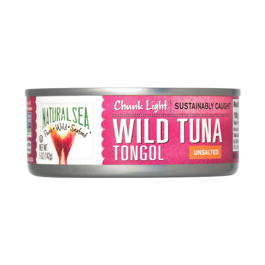Atún Tongol salvaje de mar natural, sin sal, en trozos claros - Caja de 12 - 5 oz