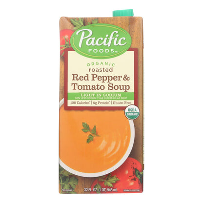 Sopa de tomate y pimiento rojo asado orgánica de Pacific Natural Foods, baja en sodio, caja de 12, 32 onzas líquidas.