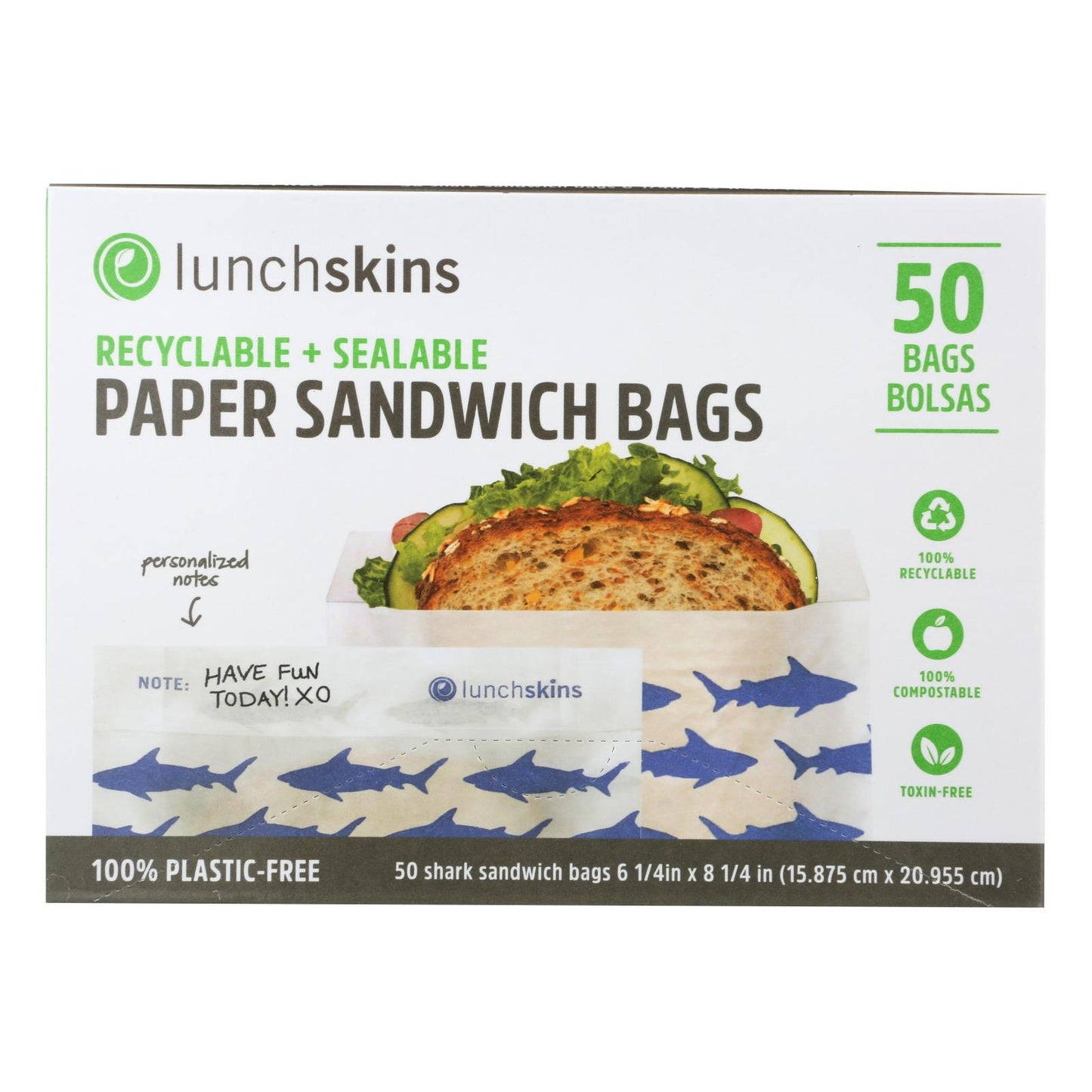 Lunchskins - Bolsas de papel para sándwich reciclables y sellables - Shark - Caja de 12 - 50 unidades