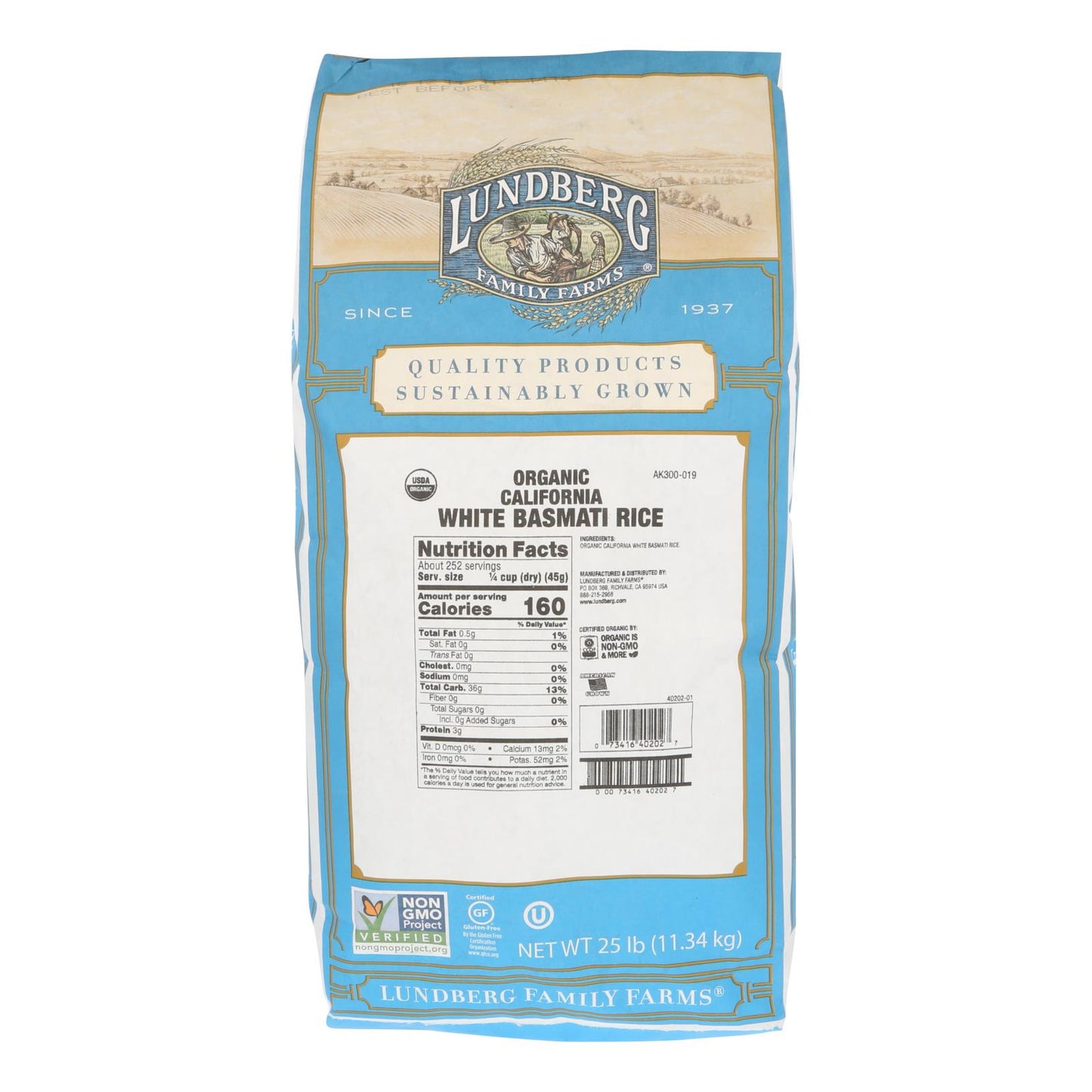 Arroz basmati blanco orgánico de California de Lundberg Family Farms (caja de 25 libras)