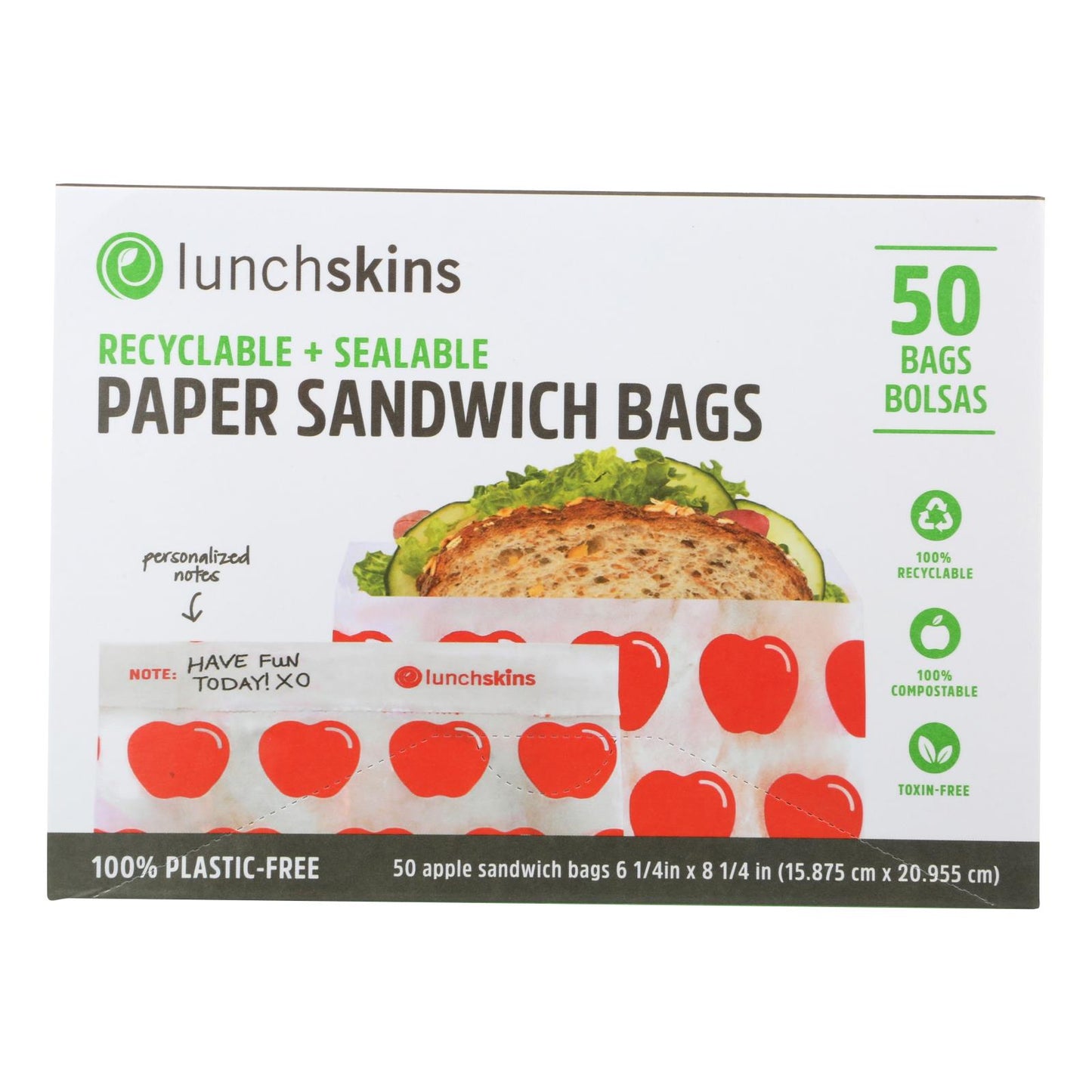 Lunchskins - Bolsas de papel para sándwich reciclables y sellables - Manzana roja - Caja de 12 - 50 unidades