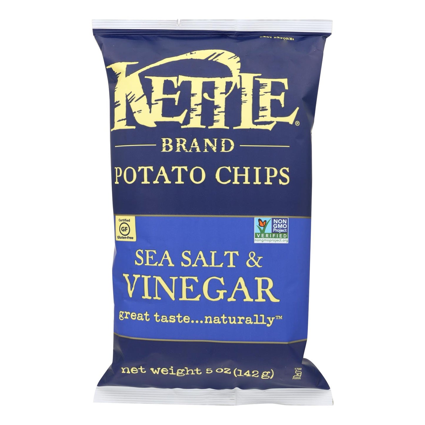 Patatas fritas marca Kettle, sal marina y vinagre, caja de 15, 5 oz.