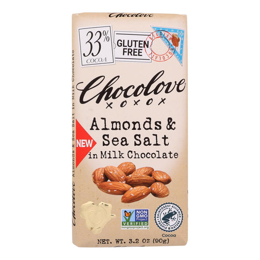 Chocolove - Barra de chocolate con leche, almendras y sal marina - Caja de 12 - 3,2 oz