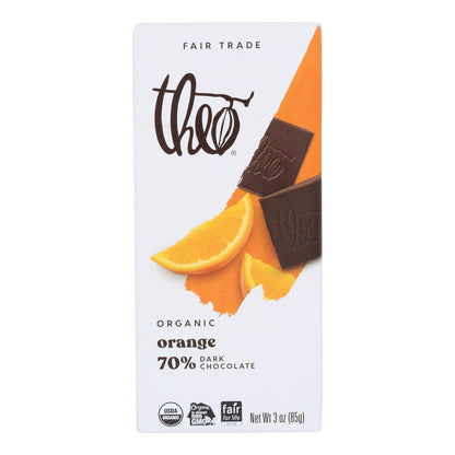 Barra de chocolate orgánico Theo Chocolate - Clásico - Chocolate negro - 70 por ciento de cacao - Naranja - Barras de 3 oz - Caja de 12