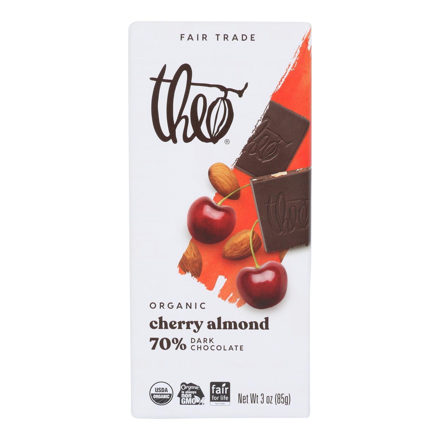 Barra de chocolate orgánico Theo Chocolate - Clásico - Chocolate negro - 70 por ciento de cacao - Cereza y almendra - Barras de 3 oz - Caja de 12