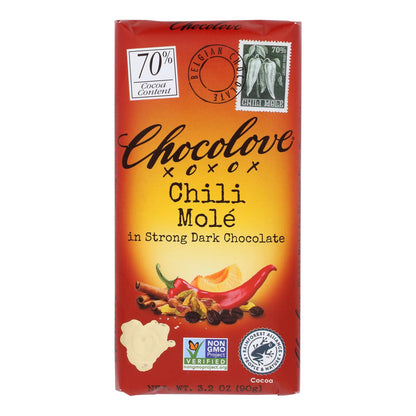 Chocolove - Barra de chocolate negro 70% Chli Mole - Caja de 12 - 3,2 oz