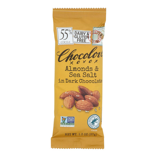 Barra de chocolate premium Chocolove Xoxox, chocolate negro, almendras y sal marina, minibarras de 1,3 oz, caja de 12