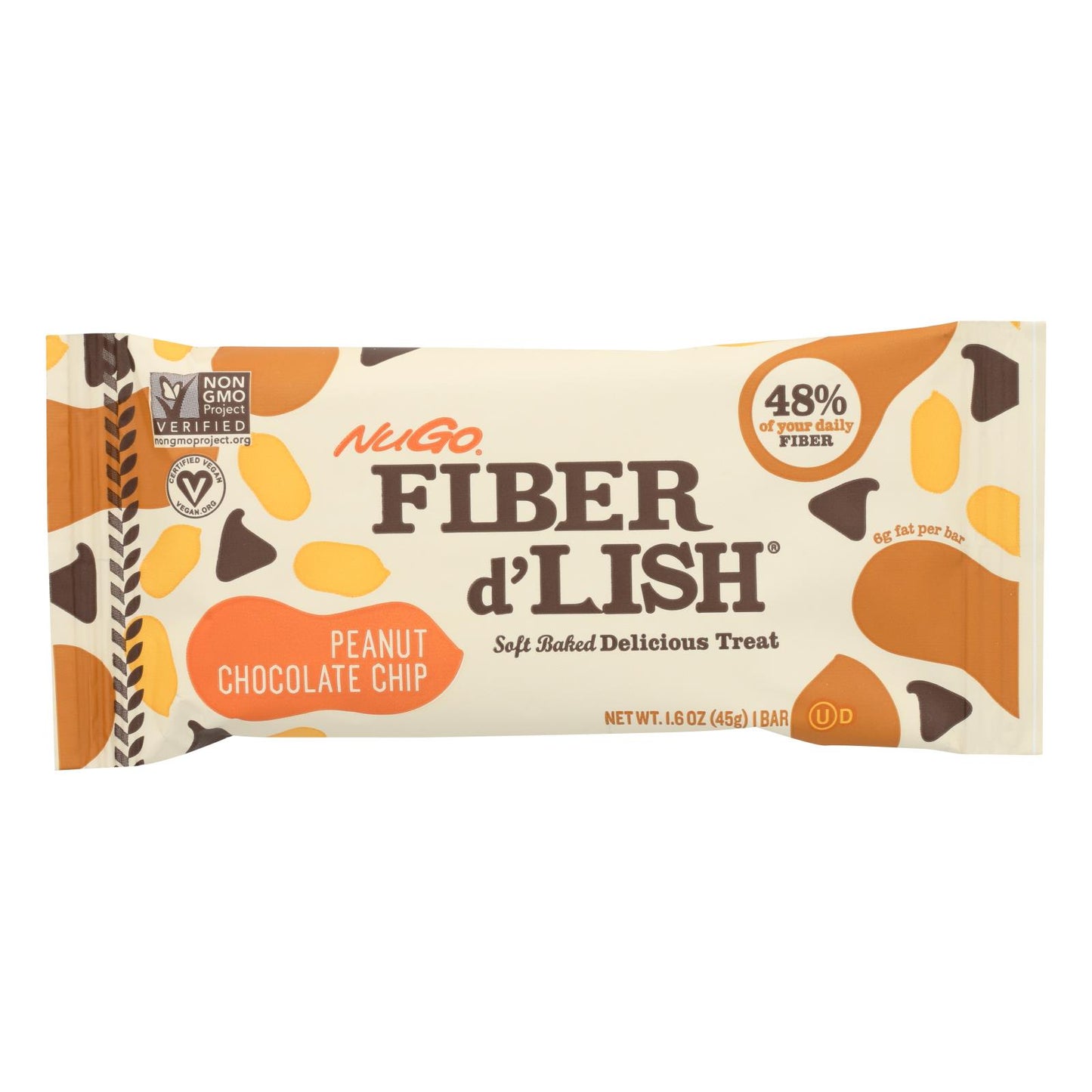 Barras de Nugo Nutrition - Fiber Dlish - Chips de chocolate y maní - Barras de 1,6 oz - Caja de 16
