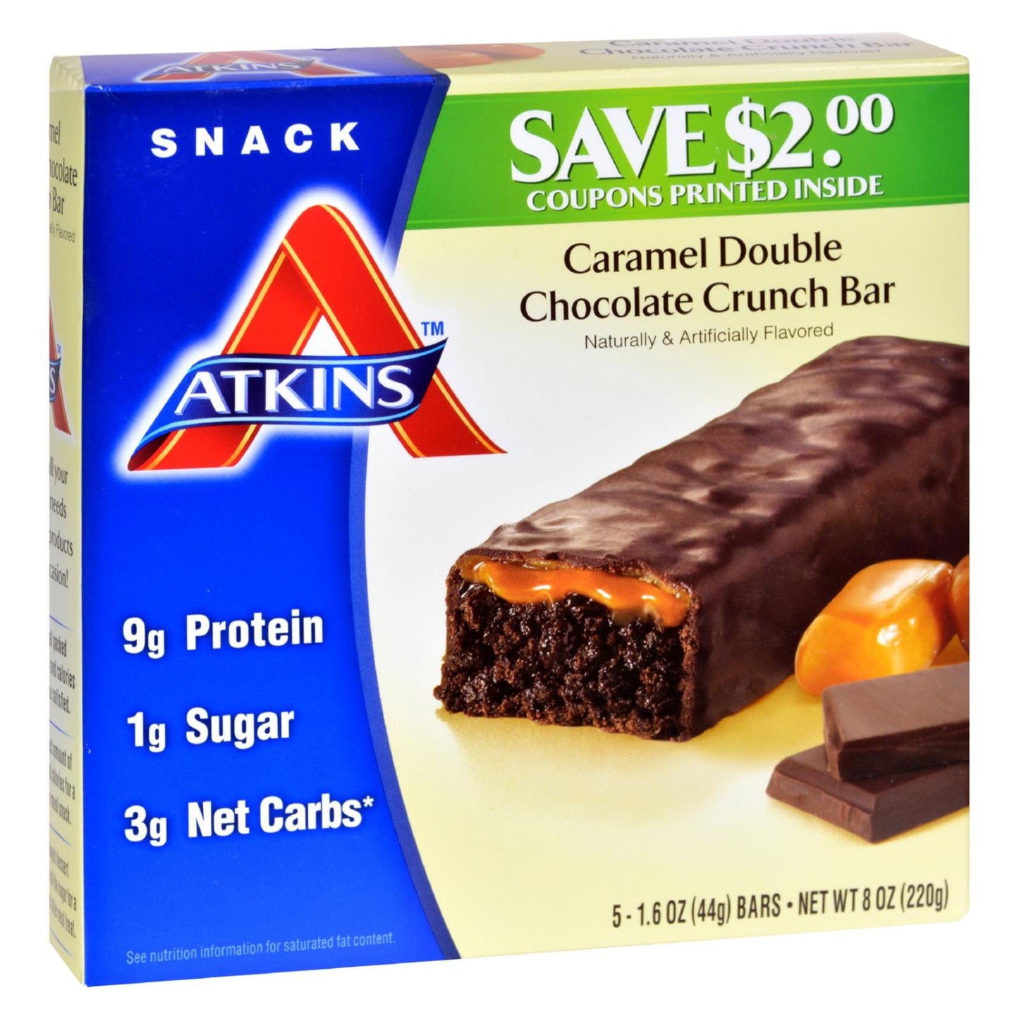 Barritas Atkins Advantage con sabor a caramelo y doble chocolate crujiente (5 barritas)