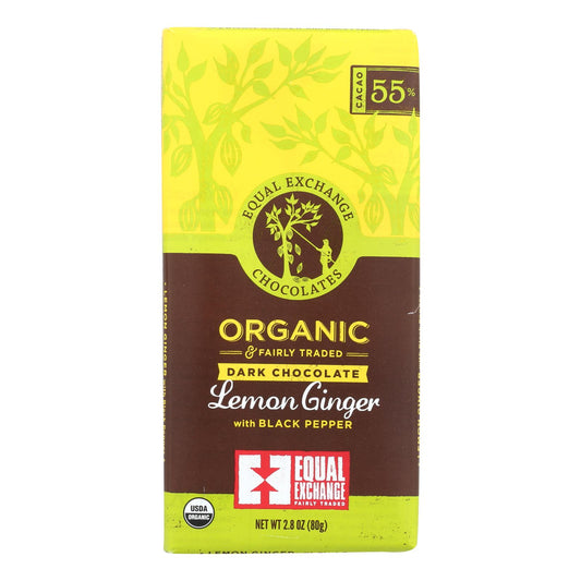 Chocolate negro orgánico Equal Exchange con limón y jengibre y pimienta negra - Limón y jengibre - Caja de 12 - 2.8 oz.