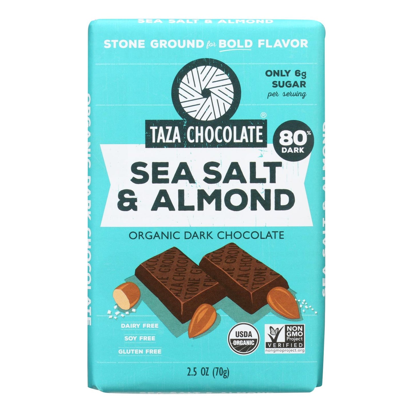 Taza Chocolate Stone Ground Organic Dark Chocolate Bar - Sea Salt And Almond - Case Of 10 - 2.5 Oz.