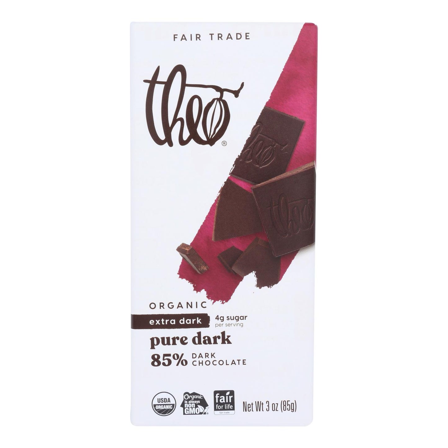 Barra de chocolate orgánico Theo Chocolate - Clásico - Chocolate negro - 85 por ciento de cacao - Puro - Barras de 3 oz - Caja de 12