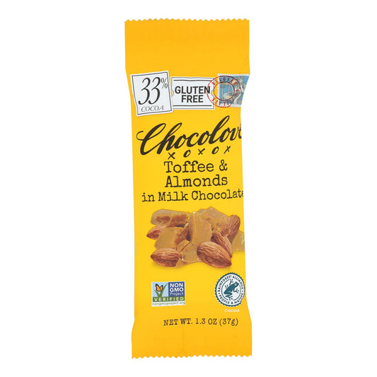 Barra de chocolate premium Chocolove Xoxox, chocolate con leche, toffee y almendras, tamaño mini, 1,3 oz, caja de 12