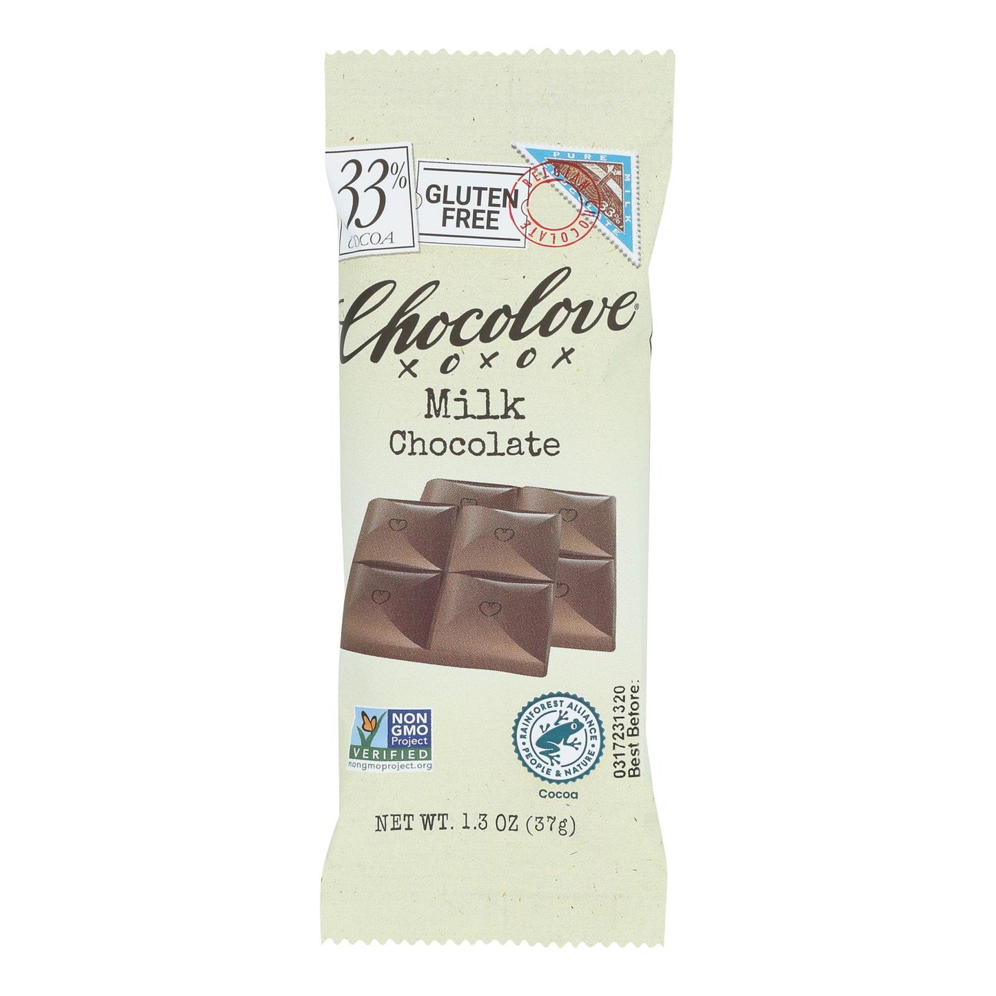 Barra de chocolate premium Chocolove Xoxox, chocolate con leche, puro, tamaño mini, barras de 1,3 oz, caja de 12