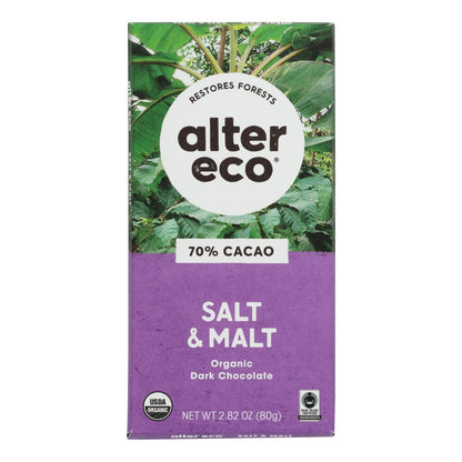 Barra de chocolate orgánico Alter Eco Americas, sabor a sal oscura y malta, caja de 12, 2,82 oz