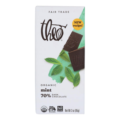 Barra de chocolate orgánico Theo Chocolate - Clásico - Chocolate negro - 70 por ciento de cacao - Menta - Barras de 3 oz - Caja de 12