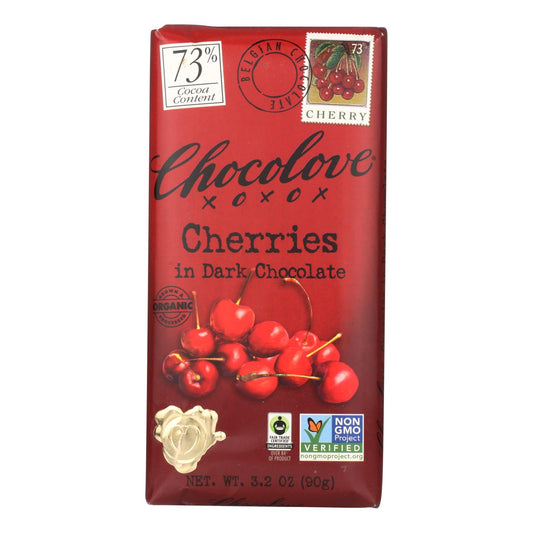 Barra de chocolate premium Chocolove Xoxox, chocolate negro orgánico, cerezas de comercio justo, barras de 3,2 oz, caja de 12