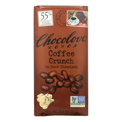 Chocolove Xoxox - Barra de chocolate premium - Chocolate negro - Crujiente de café - Barras de 3,2 oz - Caja de 12