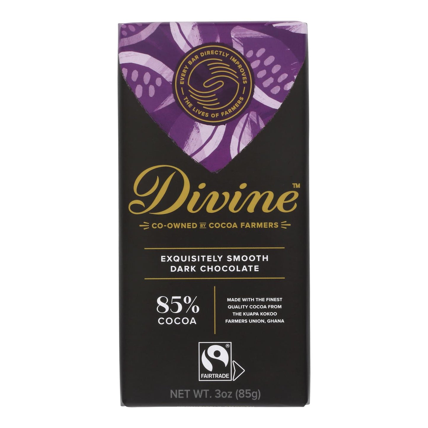 Divine - Barra de chocolate negro 85% - Caja de 12 - 3 oz