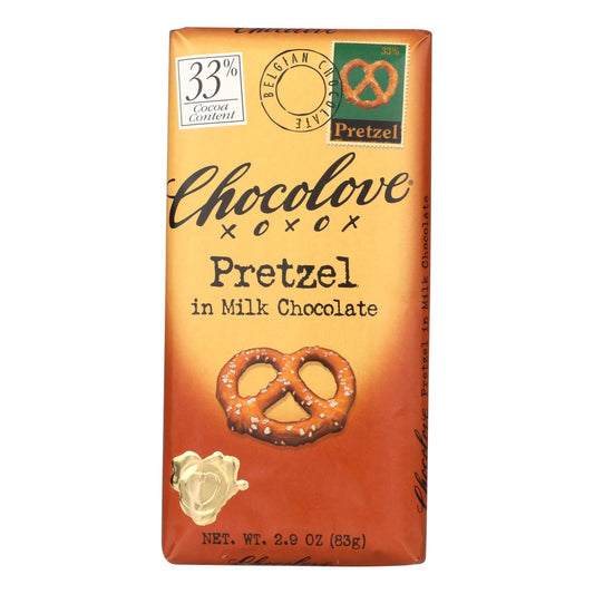 Barra de chocolate premium Chocolove Xoxox, chocolate con leche y sabor a pretzel, 2,9 oz, caja de 12