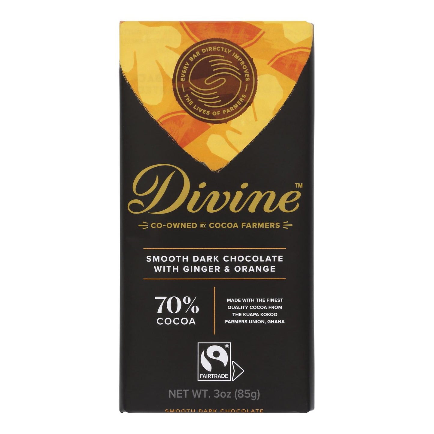 Divine - Barra de chocolate negro 70 % GNG/ORNG - Caja de 12 - 3 oz